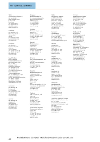 ifm – weltweit: Anschriften
68
Produktselektoren und weitere Informationen finden Sie unter: www.ifm.com
Qatar
Advanced Fluid Power L.L.C
P.O. Box 201382
Barwa Village Al Wakra
Building No 1
Doha-Qatar
Tel. +974-40164275
Fax +974-40164274
sales@afp-qatar.com
www.afp-qatar.com
Rumänien
ifm electronic s.r.l.
Mihai Viteazu Str. Nr. 1
Selimbar, Sibiu
557260
Tel. 0040 269 224550
Fax 0040 269 224766
info.ro@ifm.com
Russland
ifm electronic
Ibragimova, 31, k.50
office 808
105318 Moscow
Tel. +7 (495) 921-44-14
Fax +7 (495) 651-82-97
info.ru@ifm.com
www.ifm.com/ru
Saudi Arabien
Noor Al-Shomoe
for Electric & Maintenance
King Khalid Street, Cross 5
P.O. Box 2571
Al-Khobar 31952
Kingdom of Saudi Arabia
Tel. +9 663 864 49 58
Fax +9 663 894 63 41
h.o.info@nooralshomoe.com
Bariq Al Emdadat
Trading Establishment
P.O. Box 27001, Riyadh 11653
Kingdom of Saudi Arabia
Contact: Abdul Aziz Mohamed Elias
Tel. +966 11 4728782
Fax +966 11 4725576
Mobile 00966 53 2626686
azizelias@bariqarabia.com
Schweden
ifm electronic ab
Drakegatan 6
41250 Göteborg
Tel. växel 031-750 23 00
Fax 031-750 23 29
info.se@ifm.com
www.ifm.com/se
Schweiz
ifm electronic ag
Altgraben 27
4624 Härkingen
Tel. 0800 88 80 33
Fax 0800 88 80 39
info.ch@ifm.com
www.ifm.com/ch
Singapur
ifm electronic Pte. Ltd.
25, International Business Park
#03-26/29 German Center
609916 Singapur
Tel. +6565628661
Fax +6565628660
sales.sg@ifm.com
www.ifm.com/sg
Slowakei
ifm electronic spol. s.r.o.
Rybnicna 40
831 06 Bratislava
Tel. +421 / 2 / 44 87 23 29
Fax +421 / 2 / 44 64 60 42
info.sk@ifm.com
www.ifm.com/sk
Spanien
ifm electronic s.l.
Parc Mas Blau
Edificio Inbisa
c/ Garrotxa 6-8
08820 El Prat de Llobregat
Tel. 0034 93 479 30 80
Fax 0034 93 479 30 86
info.es@ifm.com
www.ifm.com/es
Sri Lanka
Isaro Automation Systems Ltd.
First Floor,
400 Galle Road,Rawathawatta.
Moratuwa
Tel. +94 114 216 784
Fax + 94 11 2644 224
isaro@sltnet.lk
Südafrika
ifm electronic (pty) Ltd
112 Sovereign Drive,
Route 21 Corporate Park
Centurion
0157
Postnet Suite 279
Postnet Bag X8
Elardus Park
0047
National: 0861 IFM RSA (436 772)
International: +72 12 450 0400
Fax: +27 12 450 0412
info.za@ifm.com
www.ifm.com/za
Thailand
SCM ALLIANZE CO., LTD.
700/19-24
Phaholyothin Road
Samsennai Phayatai
Bangkok 10400
Tel. +66 02 615 4888
contact@scma.co.th
www.scmallianze.com
Tschechische Republik
ifm electronic, spol. s r.o.
U Křížku 571
252 43 Prag
Tel. +420 267 990 211
Fax +420 267 750 180
info.cz@ifm.com
www.ifm.com/cz
Türkei
ifm electronic Elektrikli
ve Elektronik Aletler
İth.İhr.Paz.Tic.Ltd.Şti.
Merkez Mah. Nadide Sok.
Anıttepe Sitesi No:28
34381 Şişli / İstanbul
Tel. +90 / 212 / 210 5080
Fax +90 / 212 / 221 7159
info.tr@ifm.com
www.ifm.com/tr
Tunesien
TECHNOPREST
GP1 – Km 5,5 Rte de Sousse –
Z.I 2013 Ben Arous
Tel. +216 71 389 203
Fax + 216 71 389 215
technoprest@technoprest.com.tn
Ukraine
ifm electronic
Mariny Raskovoj 11
02660 Kiev
Tel. +380 44 501 8543
Fax +380 44 501 8543
info.ua@ifm.com
www.ifm.com/ua
Ungarn
ifm electronic kft.
Szent Imre út 59. I.em.
H-9028 Győr
Tel. +36-96 / 518-397
Fax +36-96 / 518-398
info.hu@ifm.com
www.ifm.com/hu
USA
ifm efector, inc.
1100 Atwater Dr.
Malvern, PA 19355
Tel. +1-800-441-8246
Fax +1-800-329-0436
info.us@ifm.com
www.ifm.com/us
Venezuela
Petrobornas, C.A.
C.C. Plaza Aeropuerto,
Galería piso 1, Local P1-B03,
Calle Neverí, Unare,
Puerto Ordaz 8050,
Estado Bolívar
Tel. + 58 286 9513382
info@petrobornas.net
www.petrobornas.net
Vereinigte Arabische Emirate
Al Injazat Technical Services Est.
P.O. Box 42895
Al Qubaisi bldg floor 0 flat # 4
Liwa street corner of corniche road,
Abu Dhabi
Tel. +971-2-6585400
Fax +971-2-6585401
Mobil +971-50-6811072
kamran@injazat.ae
www.injazat.ae
Vietnam
The Representative Office
of ifm electronic gmbh
in Ho Chi Minh City
7A-7th Floor,
#467 Dien Bien Phu Street,
Ward 25, Binh Thanh District,
Ho Chi Minh City 700000
Tel. +84-8-35125177
Fax +84-8-35125178
sales.vn@ifm.com
Weißrussland
ifm electronic
ELTICON Trade House Ltd.
2A Ostroshitskaya st.
220125 Minsk, Belarus
Tel.: +375-17-286-4649
Fax: +375-17-289-6169
E-mail: info@elticon.ru
www.elticon.ru
MilkGroup LLC.
220015 Minsk, Belarus
Ponomarenko str., 35A, office 517
Tel./Fax: +375 17 207 29 34
E-mail: ifm@milkgroup.by
www.milkgroup.by
FilFar Technology LLC
Zapadnaya str., 13, office 519
220036 Minsk, Belarus
Tel.: +375 (44) 540-40-40
E-mail: zapros@filfar.by
www.filfar-technology.by
 