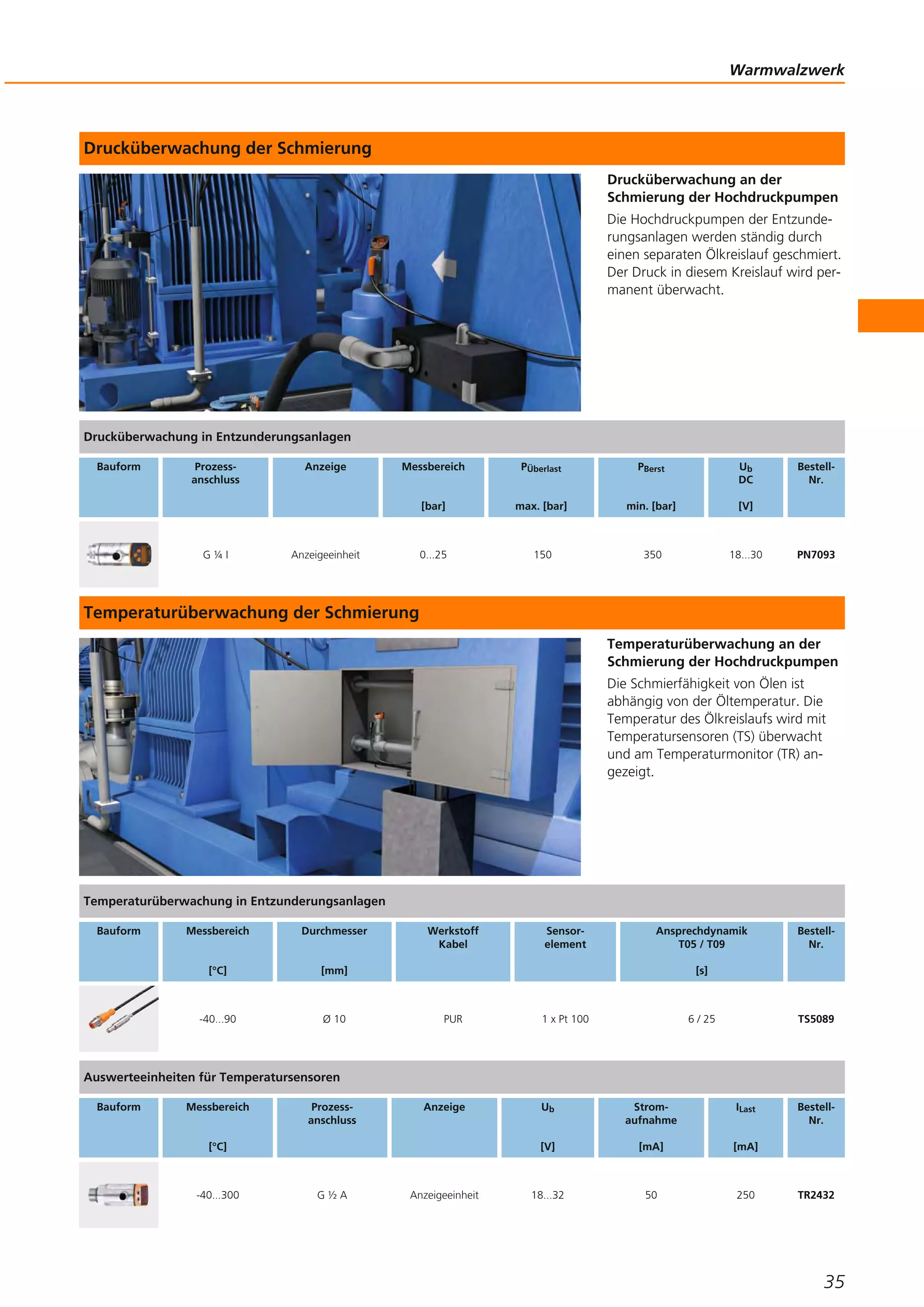 Drucküberwachung an der
Schmierung der Hochdruckpumpen
Die Hochdruckpumpen der Entzunde-
rungsanlagen werden ständig durch
einen separaten Ölkreislauf geschmiert.
Der Druck in diesem Kreislauf wird per-
manent überwacht.
Temperaturüberwachung an der
Schmierung der Hochdruckpumpen
Die Schmierfähigkeit von Ölen ist
abhängig von der Öltemperatur. Die
Temperatur des Ölkreislaufs wird mit
Temperatursensoren (TS) überwacht
und am Temperaturmonitor (TR) an-
gezeigt.
Warmwalzwerk
35
Drucküberwachung in Entzunderungsanlagen
Temperaturüberwachung in Entzunderungsanlagen
Auswerteeinheiten für Temperatursensoren
Drucküberwachung der Schmierung
Temperaturüberwachung der Schmierung
Bauform Prozess-
anschluss
Anzeige Messbereich
[bar]
PÜberlast
max. [bar]
PBerst
min. [bar]
Ub
DC
[V]
Bestell-
Nr.
G ¼ I Anzeigeeinheit 0...25 150 350 18...30 PN7093
Bauform Messbereich
[°C]
Durchmesser
[mm]
Werkstoff
Kabel
Sensor-
element
Ansprechdynamik
T05 / T09
[s]
Bestell-
Nr.
-40...90 Ø 10 PUR 1 x Pt 100 6 / 25 TS5089
Bauform Messbereich
[°C]
Prozess-
anschluss
Anzeige Ub
[V]
Strom-
aufnahme
[mA]
ILast
[mA]
Bestell-
Nr.
-40...300 G ½ A Anzeigeeinheit 18...32 50 250 TR2432
 