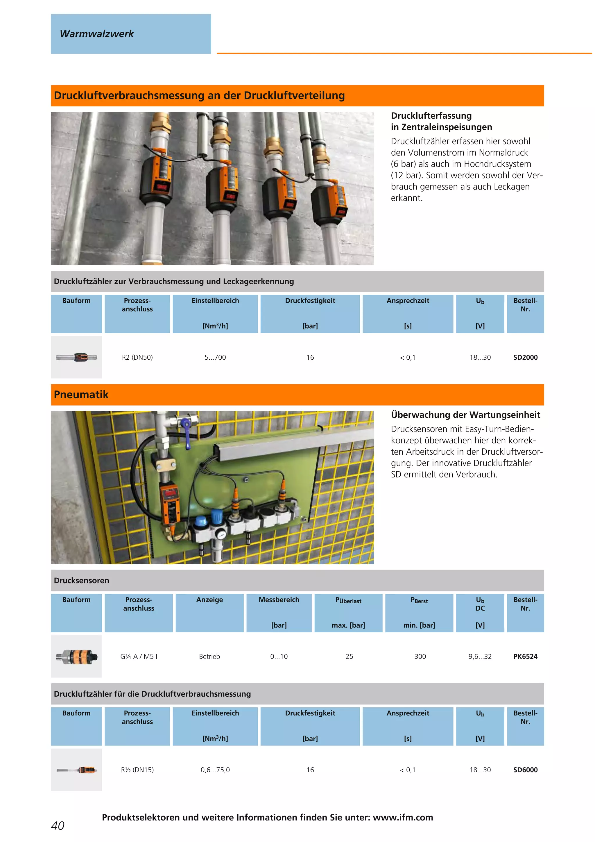 Druckluftverbrauchsmessung an der Druckluftverteilung
Drucklufterfassung
in Zentraleinspeisungen
Druckluftzähler erfassen hier sowohl
den Volumenstrom im Normaldruck
(6 bar) als auch im Hochdrucksystem
(12 bar). Somit werden sowohl der Ver-
brauch gemessen als auch Leckagen
erkannt.
Pneumatik
Überwachung der Wartungseinheit
Drucksensoren mit Easy-Turn-Bedien-
konzept überwachen hier den korrek-
ten Arbeitsdruck in der Druckluftversor-
gung. Der innovative Druckluftzähler
SD ermittelt den Verbrauch.
Warmwalzwerk
40
Produktselektoren und weitere Informationen finden Sie unter: www.ifm.com
Druckluftzähler zur Verbrauchsmessung und Leckageerkennung
Bauform Prozess-
anschluss
Einstellbereich
[Nm3/h]
Druckfestigkeit
[bar]
Ansprechzeit
[s]
Ub
[V]
Bestell-
Nr.
R2 (DN50) 5...700 16 < 0,1 18...30 SD2000
Drucksensoren
Bauform Prozess-
anschluss
Anzeige Messbereich
[bar]
PÜberlast
max. [bar]
PBerst
min. [bar]
Ub
DC
[V]
Bestell-
Nr.
G¼ A / M5 I Betrieb 0...10 25 300 9,6...32 PK6524
Druckluftzähler für die Druckluftverbrauchsmessung
Bauform Prozess-
anschluss
Einstellbereich
[Nm3/h]
Druckfestigkeit
[bar]
Ansprechzeit
[s]
Ub
[V]
Bestell-
Nr.
R½ (DN15) 0,6...75,0 16 < 0,1 18...30 SD6000
 