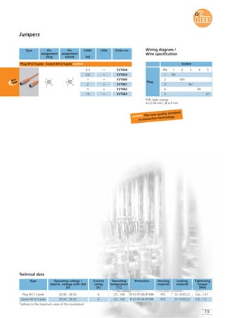 ecolink. The new quality standard
in connection technology.
Jumpers
Type Pin
assignment
plug
Pin
assignment
socket
Cable
[m]
LEDs Order no.
Plug M12 5-pole · Socket M12 5-pole ecolink
3
1
4
2
5
–
–
–
EVT058
EVT059
EVT060
–
–
EVT061
EVT062
4
2
3
1
5
0.3
0.6
1
2
5
– EVT06310
Operating voltage /
Operat. voltage with LED
[V]
Current
rating
[A]
Operating
temperature
[°C]
ProtectionType Housing
material
Locking
material
Tightening
torque
[Nm]
30 AC, 36 DC 4 -25...100 IP 67/IP 68/IP 69K PVC SS (316S12) 0.6...1.52)
Technical data
Plug M12 5-pole
30 AC, 36 DC 4 -25...100 IP 67/IP 68/IP 69K PVC SS (316S12) 0.6...1.5Socket M12 5-pole
2)adhere to the maximum value of the counterpart
PUR cable orange
4 x 0.34 mm2, Ø 4.9 mm
Socket
Plug
PIN
1
1
BN
2 3
2 WH
3 BU
4
4
BK
5
5 GY
Wiring diagram /
Wire specification
19
 