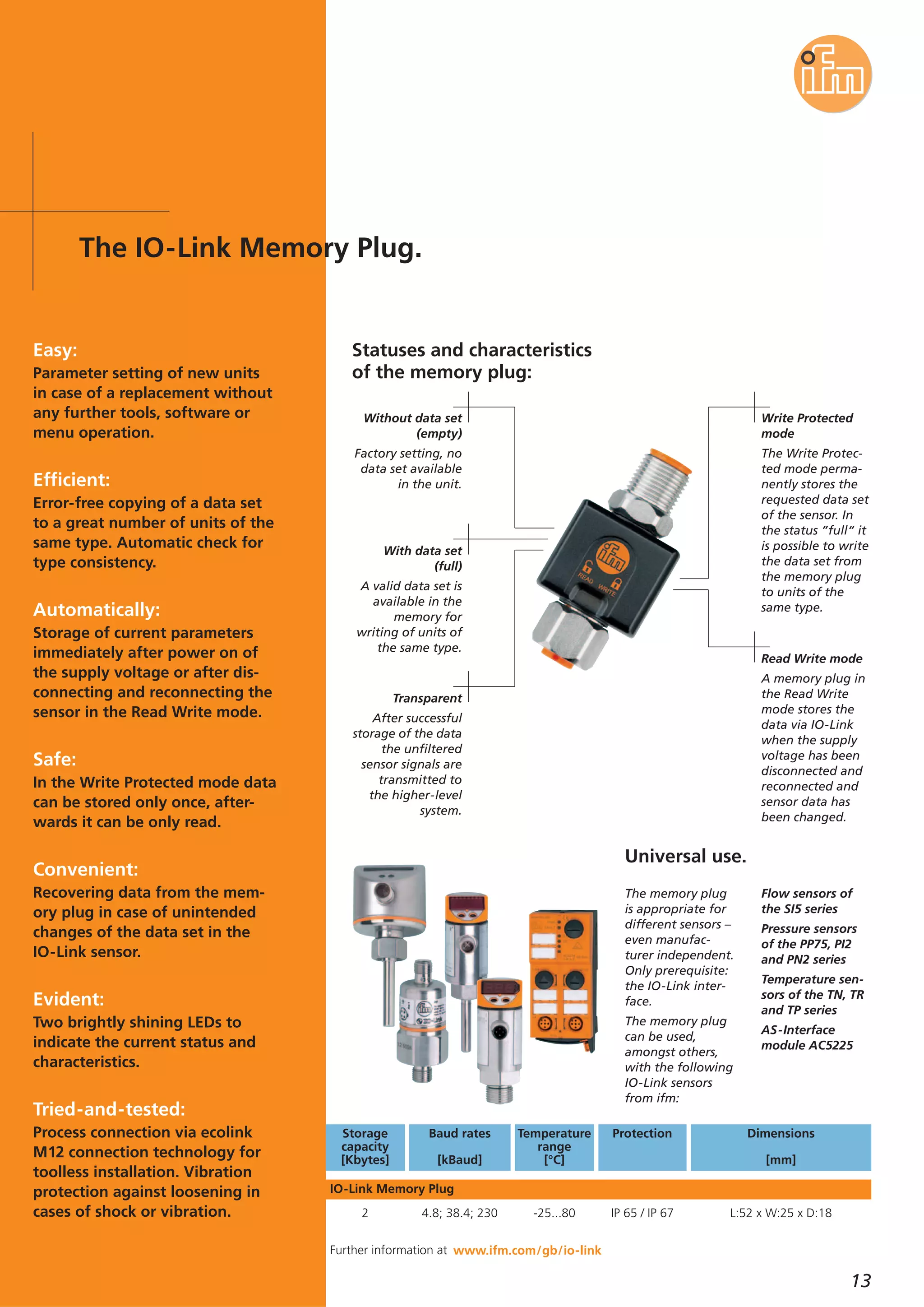 13
Without data set
(empty)
Factory setting, no
data set available
in the unit.
Statuses and characteristics
of the memory plug:
With data set
(full)
A valid data set is
available in the
memory for
writing of units of
the same type.
Transparent
After successful
storage of the data
the unfiltered
sensor signals are
transmitted to
the higher-level
system.
Write Protected
mode
The Write Protec-
ted mode perma-
nently stores the
requested data set
of the sensor. In
the status ”full“ it
is possible to write
the data set from
the memory plug
to units of the
same type.
Read Write mode
A memory plug in
the Read Write
mode stores the
data via IO-Link
when the supply
voltage has been
disconnected and
reconnected and
sensor data has
been changed.
The memory plug
is appropriate for
different sensors –
even manufac-
turer independent.
Only prerequisite:
the IO-Link inter-
face.
The memory plug
can be used,
amongst others,
with the following
IO-Link sensors
from ifm:
Flow sensors of
the SI5 series
Pressure sensors
of the PP75, PI2
and PN2 series
Temperature sen-
sors of the TN, TR
and TP series
AS-Interface
module AC5225
Universal use.
L:52 x W:25 x D:18
Dimensions
[mm]
-25...80 IP 65 / IP 672 4.8; 38.4; 230
Baud rates
[kBaud]
Temperature
range
[°C]
Storage
capacity
[Kbytes]
IO-Link Memory Plug
Protection
www.ifm.com/gb/io-link
Easy:
Parameter setting of new units
in case of a replacement without
any further tools, software or
menu operation.
Efficient:
Error-free copying of a data set
to a great number of units of the
same type. Automatic check for
type consistency.
Automatically:
Storage of current parameters
immediately after power on of
the supply voltage or after dis-
connecting and reconnecting the
sensor in the Read Write mode.
Safe:
In the Write Protected mode data
can be stored only once, after-
wards it can be only read.
Convenient:
Recovering data from the mem-
ory plug in case of unintended
changes of the data set in the
IO-Link sensor.
Evident:
Two brightly shining LEDs to
indicate the current status and
characteristics.
Tried-and-tested:
Process connection via ecolink
M12 connection technology for
toolless installation. Vibration
protection against loosening in
cases of shock or vibration.
The IO-Link Memory Plug.
Further information at
 
