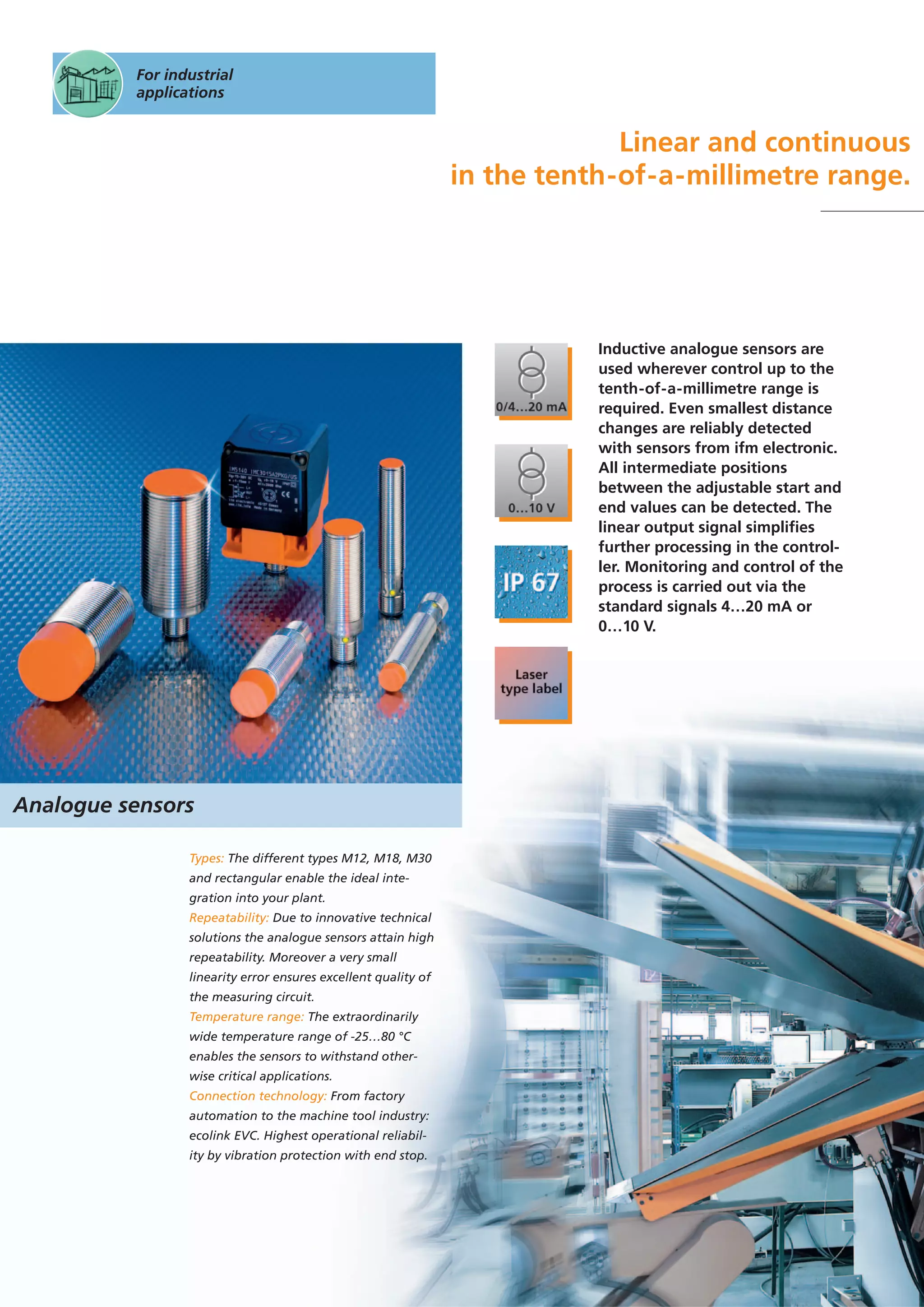 For industrial
applications
Linear and continuous
in the tenth-of-a-millimetre range.
Inductive analogue sensors are
used wherever control up to the
tenth-of-a-millimetre range is
required. Even smallest distance
changes are reliably detected
with sensors from ifm electronic.
All intermediate positions
between the adjustable start and
end values can be detected. The
linear output signal simplifies
further processing in the control-
ler. Monitoring and control of the
process is carried out via the
standard signals 4…20 mA or
0…10 V.
Types: The different types M12, M18, M30
and rectangular enable the ideal inte-
gration into your plant.
Repeatability: Due to innovative technical
solutions the analogue sensors attain high
repeatability. Moreover a very small
linearity error ensures excellent quality of
the measuring circuit.
Temperature range: The extraordinarily
wide temperature range of -25…80 °C
enables the sensors to withstand other-
wise critical applications.
Connection technology: From factory
automation to the machine tool industry:
ecolink EVC. Highest operational reliabil-
ity by vibration protection with end stop.
Analogue sensors
 