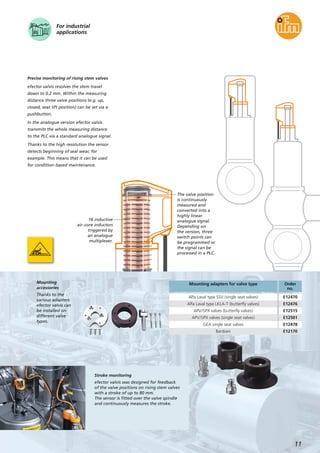 For industrial
applications
Precise monitoring of rising stem valves
efector valvis resolves the stem travel
down to 0.2 mm. Within the measuring
distance three valve positions (e.g. up,
closed, seat lift position) can be set via a
pushbutton.
In the analogue version efector valvis
transmits the whole measuring distance
to the PLC via a standard analogue signal.
Thanks to the high resolution the sensor
detects beginning of seal wear, for
example. This means that it can be used
for condition-based maintenance.
11
Mounting
accessories
Thanks to the
various adapters
efector valvis can
be installed on
different valve
types.
Stroke monitoring
efector valvis was designed for feedback
of the valve positions on rising stem valves
with a stroke of up to 80 mm.
The sensor is fitted over the valve spindle
and continuously measures the stroke.
Mounting adapters for valve type Order
no.
Alfa Laval type SSV (single seat valves) E12470
Alfa Laval type LKLA-T (butterfly valves) E12476
APV/SPX valves (butterfly valves) E12515
APV/SPX valves (single seat valves) E12501
GEA single seat valves E12478
Bardiani E12170
16 inductive
air-core inductors
triggered by
an analogue
multiplexer.
The valve position
is continuously
measured and
converted into a
highly linear
analogue signal.
Depending on
the version, three
switch points can
be programmed or
the signal can be
processed in a PLC.
 