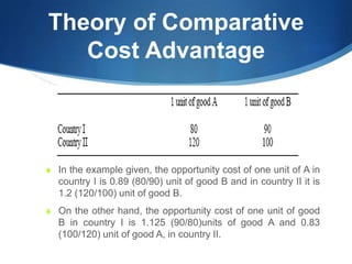 Theory of Comparative
Cost Advantage
S In the example given, the opportunity cost of one unit of A in
country I is 0.89 (80/90) unit of good B and in country II it is
1.2 (120/100) unit of good B.
S On the other hand, the opportunity cost of one unit of good
B in country I is 1.125 (90/80)units of good A and 0.83
(100/120) unit of good A, in country II.
 