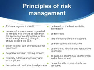 Principles of risk
management
S Risk management should:
S create value – resources expended
to mitigate risk should be less than
the consequence of inaction, or (as
in value engineering), the gain
should exceed the pain
S be an integral part of organizational
processes
S be part of decision making process
S explicitly address uncertainty and
assumptions
S be systematic and structured process
S be based on the best available
information
S be tailorable
S take human factors into account
S be transparent and inclusive
S be dynamic, iterative and responsive
to change
S be capable of continual improvement
and enhancement
S be continually or periodically re-
assessed
 