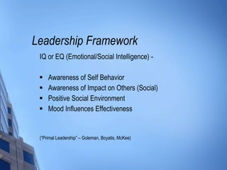 Leadership Framework IQ or EQ (Emotional/Social Intelligence) - Awareness of Self Behavior Awareness of Impact on Others (Social) Positive Social Environment Mood Influences Effectiveness (“Primal Leadership” – Goleman, Boyatis, McKee) 