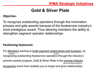 ______________________IFMA Strategic Initiatives
Gold & Silver Plate
Objective:
To recognize outstanding operators through the nomination
process and gala awards banquet of the foodservice industry’s
most prestigious award. Thus allowing members the ability to
strengthen segment operator relationships.
Positioning Statement:
For Members wanting to build segment relationships and business, by
recognizing outstanding foodservice operators through the industry’s
premier awards program, Gold & Silver Plate is the premier Industry
recognition event than enables you to target and grow relationships.
(target) (need)
(point of differentiation)
 