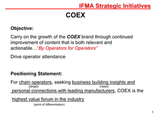 ______________________IFMA Strategic Initiatives
1
______________________IFMA Strategic Initiatives
Objective:
Carry on the growth of the COEX brand through continued
improvement of content that is both relevant and
actionable…“By Operators for Operators”
Drive operator attendance
Positioning Statement:
For chain operators, seeking business building insights and
personal connections with leading manufacturers, COEX is the
highest value forum in the industry
COEX
(target) (need)
(point of differentiation)
 