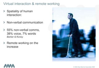 Virtual interaction & remote working Spatiality of human interaction: Non-verbal communication 55% non-verbal comms,  38% voice, 7% words  Barber & Koney Remote working on the increase 