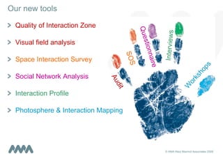 Our new tools Quality of Interaction Zone Visual field analysis Space Interaction Survey Social Network Analysis Interaction Profile Photosphere & Interaction Mapping Audit SOS Interviews Workshops Questionnaire 
