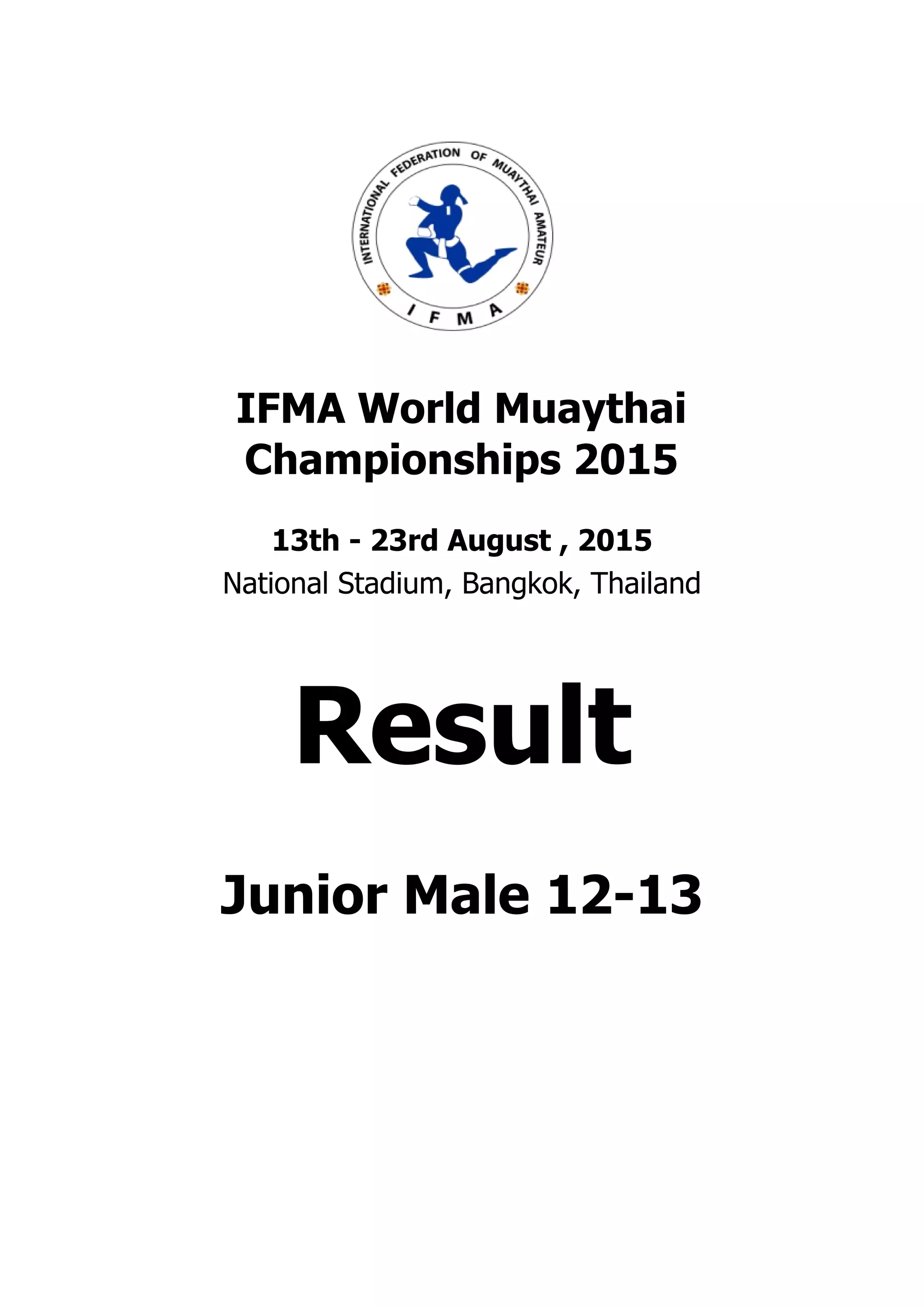 . . . . . . . . . . . . . . . . . . . . . . . . . . . . . . . . . . . . . . . .
. . . . . . . . . . . . . . . . . . . . . . . . . . . . . . . . . . . . . . . .
IFMA World Muaythai
Championships 2015
13th - 23rd August , 2015
National Stadium, Bangkok, Thailand
Result
Junior Male 12-13
 