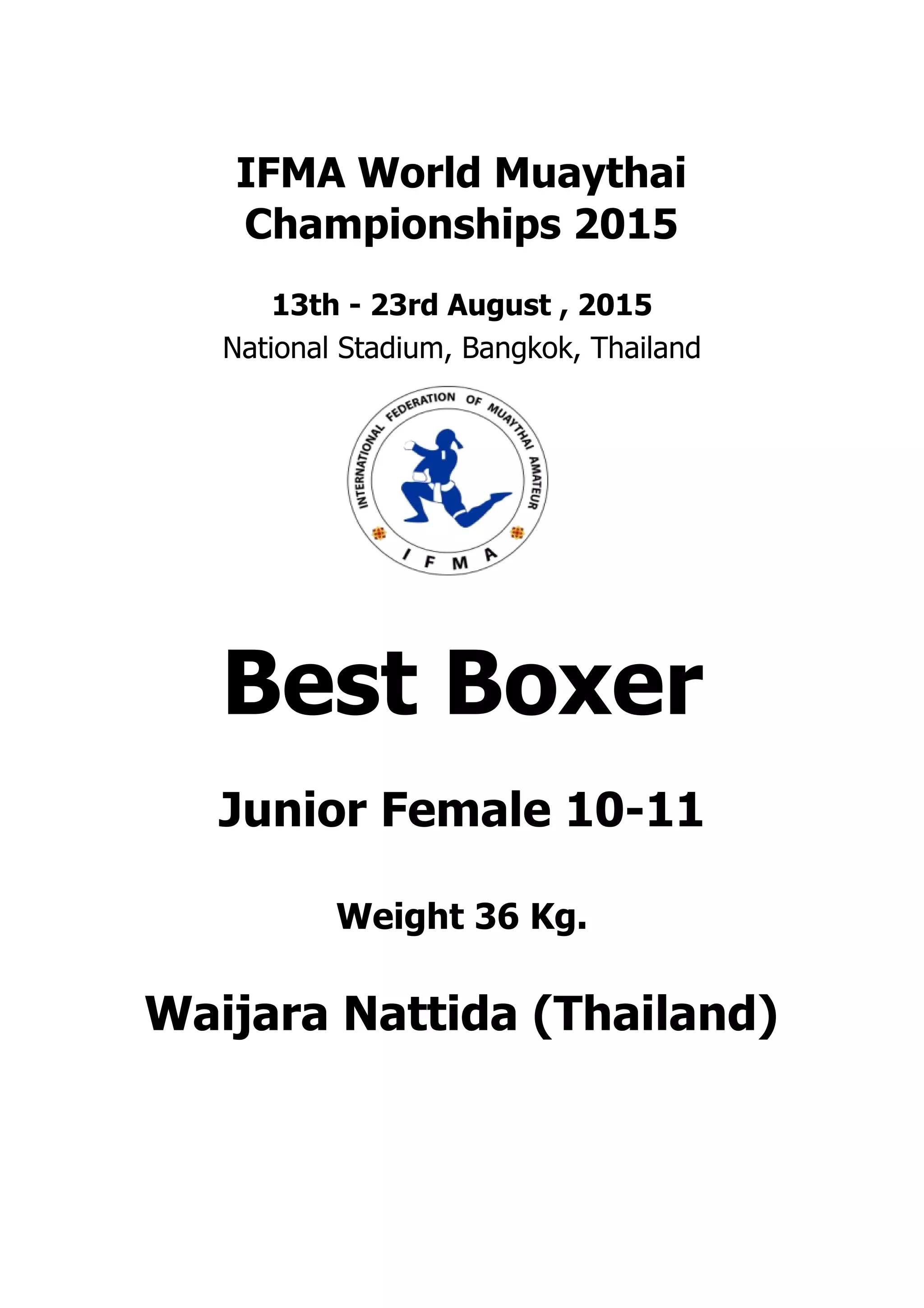. . . . . . . . . . . . . . . . . . . . . . . . . . . . . . . . . . . . . . . .
Waijara Nattida (Thailand)
IFMA World Muaythai
Championships 2015
13th - 23rd August , 2015
Best Boxer
Junior Female 10-11
Weight 36 Kg.
National Stadium, Bangkok, Thailand
 