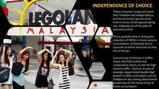 INDEPENDENCE OF CHOICE
These consumers enjoy and want
their freedom and independence,
and hence tend to go out much
more in terms of dining and eating
out, stepping out of the yoke of
parental control.
This is partially what is driving the
reduction of FMCG in-home volume
consumption, as they buy less to
consume at home and more as they
are on the go.
Just visit any of Vietnam’s coffee
shops, fast food outlets and
convenience stores, to see the high-
volume traffic. Circle K, as way of
example, experienced double digit
growth in 2018, and outlets such as
Jollibee are also seeing phenomenal
growth due to this trend of out of
home consumption.
 