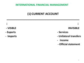 INTERNATIONAL FINANCIAL MANAGEMENT
(1) CURRENT ACCOUNT
_______________________________________
: :
- VISIBLE INVISIBLE
- Exports - Services
- Imports - Unilateral transfers
- Income
- Official statement
5
 