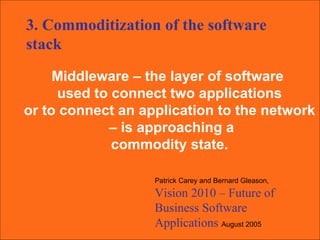 Middleware – the layer of software  used to connect two applications or to connect an application to the network –  is approaching a commodity state. Patrick Carey and Bernard Gleason,  Vision 2010 – Future of Business Software Applications  August 2005 3. Commoditization of the software stack 