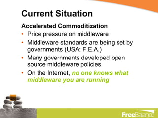 Current Situation Accelerated Commoditization Price pressure on middleware Middleware standards are being set by governments (USA: F.E.A.) Many governments developed open source middleware policies On the Internet,  no one knows what middleware you are running 