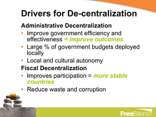 Drivers for De-centralization Administrative Decentralization Improve government efficiency and effectiveness  = improve outcomes Large % of government budgets deployed locally Local and cultural autonomy Fiscal Decentralization Improves participation =  more stable countries Reduce waste and corruption 