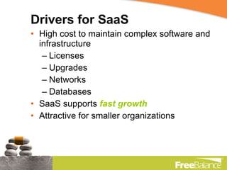 Drivers for SaaS High cost to maintain complex software and infrastructure Licenses Upgrades Networks Databases SaaS supports  fast growth Attractive for smaller organizations 