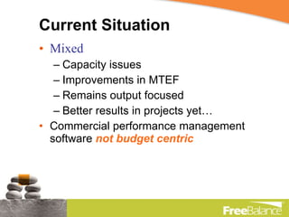 Current Situation Mixed Capacity issues Improvements in MTEF Remains output focused Better results in projects yet… Commercial performance management software  not budget centric 