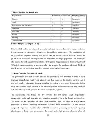 10
Table 1: Showing the Sample size
Department Population Sample size Sampling strategy
Finance 16 15 Systematic
Audit 18 16 Systematic
Procurement and Marketing 22 20 Stratified
Accounts 23 20 Stratified
Education 11 9 Systematic
Health 12 9 Systematic
Planning 13 11 Systematic
Administration 9 8 Systematic
Source: Krejcie & Morgan, (1970).
Both Stratified random sampling and systematic technique was used because the study population
is heterogeneous as it comprises of employees from different departments. After stratification of
the respondents, purposive sampling was used to select the sample elements from each stratum to
get the actual number of 108 respondents that represented the target population. This technique
also ensured fair and accurate representation of the general target population. In research, at least
30% of the target population is a recommended size to study the population (Kothari, 2014). A
sample size of 108 respondents therefore is enough to be studied in this study.
3.4 Data Collection Methods and Tools
The questionnaire was used to collect data and the questionnaire was structured in nature in order
to ensure data collection validity and reliability and deep insight on the statistical variables and it
was used to collect information from the rest of the respondent in the selected departments. In this
study, the questions sought answers to the research questions and the respondents were provided
with a list of close-ended questions based on each specific objective.
The questionnaire was divided into five sections. The first section sought respondents’
demographic profile such as gender, age, education, years of service at the district, among others.
The second section comprised of Likert Scale questions about the effect of IFMIS budget
preparation on financial reporting effectiveness in district local governments. The third section
comprised of questions about the effect of IFMIS transactions processing on financial reporting
effectiveness in district local governments. The fourth section had questions about the effect of
 