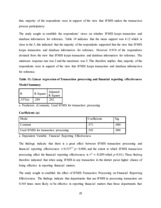 25
that, majority of the respondents were in support of the view that IFMIS makes the transaction
process participatory
The study sought to establish the respondents’ views on whether IFMIS keeps transaction and
database information for reference. Table 10 indicates that the mean support was 4.12 which is
close to the 5, this indicated that the majority of the respondents supported that the view that IFMIS
keeps transaction and database information for reference. However 0.910 of the respondents
deviated from the view that IFMIS keeps transaction and database information for reference. The
minimum response rate was 2 and the maximum was 5. This therefore implies that, majority of the
respondents were in support of the view that IFMIS keeps transaction and database information
for reference.
Table 11: Linear regression of Transaction processing and financial reporting effectiveness
Model Summary
R R Square
Adjusted
R Square
.537(a) .289 .282
a Predictors: (Constant), Used IFMIS for transaction processing
Coefficients (a)
Mode Coefficients Sig.
Constant .571 .000
Used IFMIS for transaction processing .545 .000
a Dependent Variable: Financial Reporting Effectiveness
The findings indicate that there is a great effect between IFMIS transaction processing and
financial reporting effectiveness r=0.537** p= 0.000, and the extent to which IFMIS transaction
processing affect the financial reporting effectiveness is 𝑟2
= 0.289 which p<0.01). These finding
therefore indicated that when using IFMIS in any transaction in the district paves higher chance of
being effective in reporting financial matters.
The study sought to establish the effect of IFMIS Transaction Processing on Financial Reporting
Effectiveness. The findings indicate that departments that use IFMIS in processing transaction are
0.545 times more likely to be effective in reporting financial matters than those departments that
 