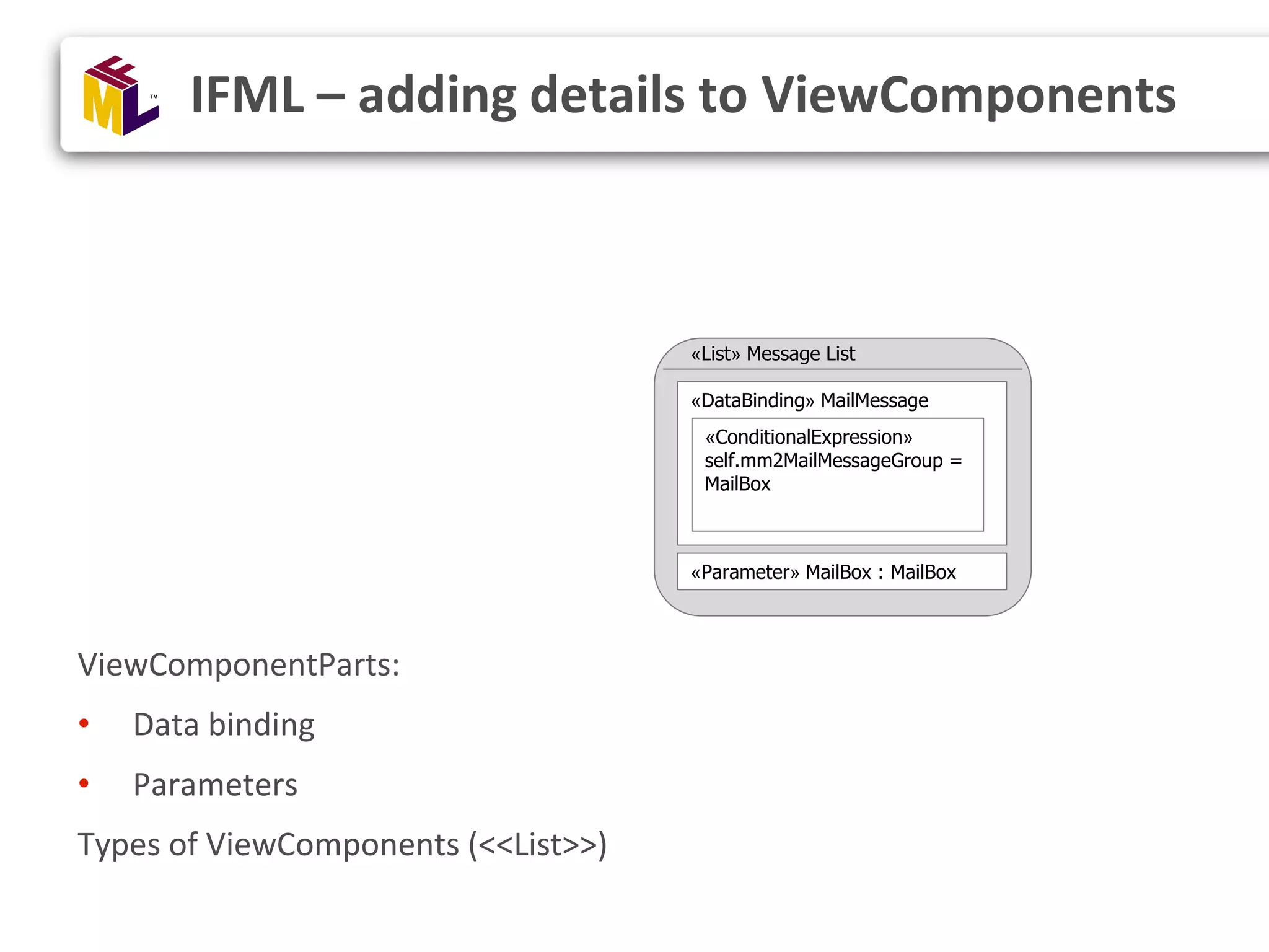ViewComponentParts: • Data binding • Parameters Types of ViewComponents (<<List>>) IFML – adding details to ViewComponents «DataBinding» MailMessage «ConditionalExpression» self.mm2MailMessageGroup = MailBox «List» Message List «Parameter» MailBox : MailBox 