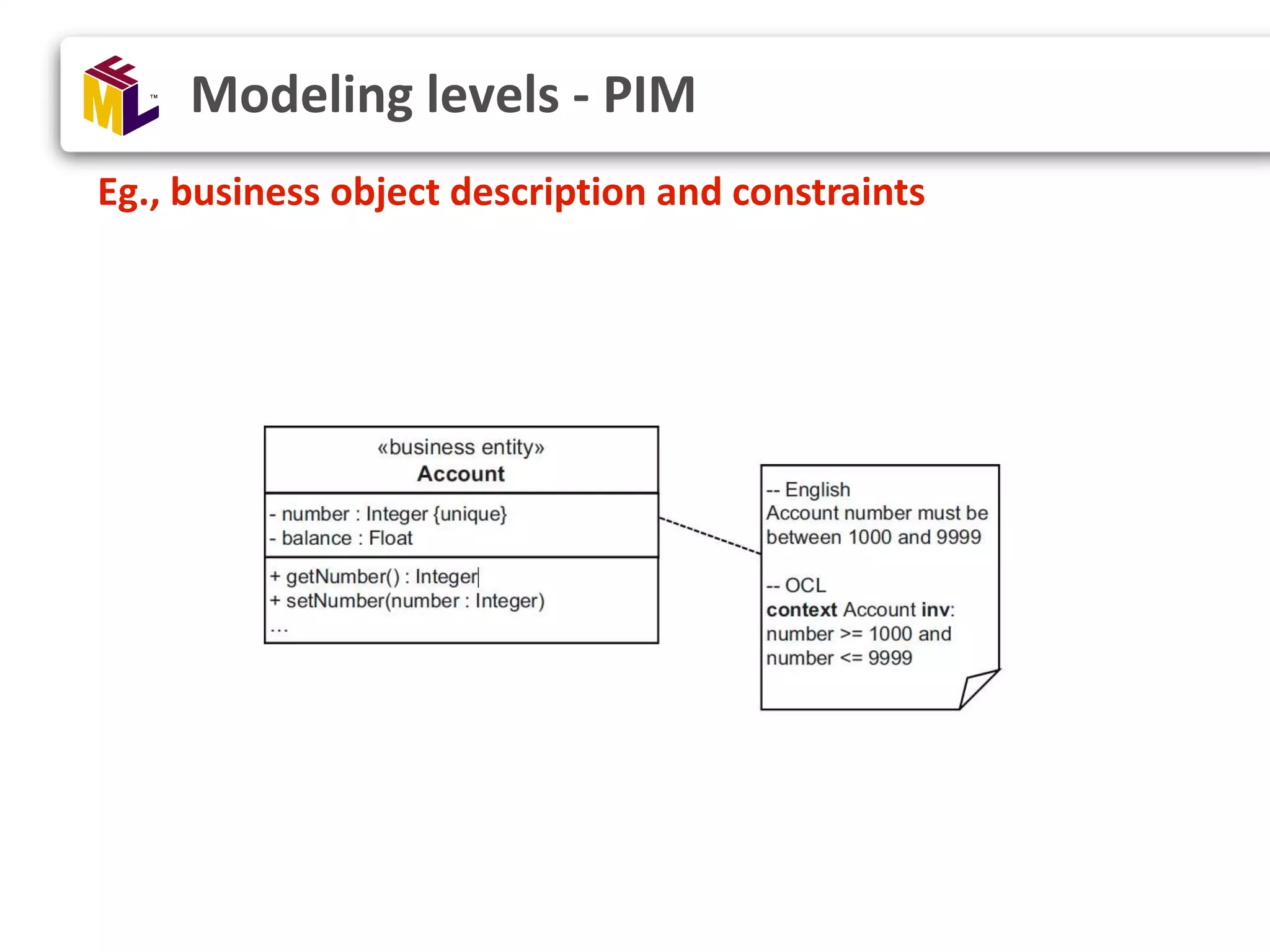 Modeling levels - PIM Eg., business object description and constraints 