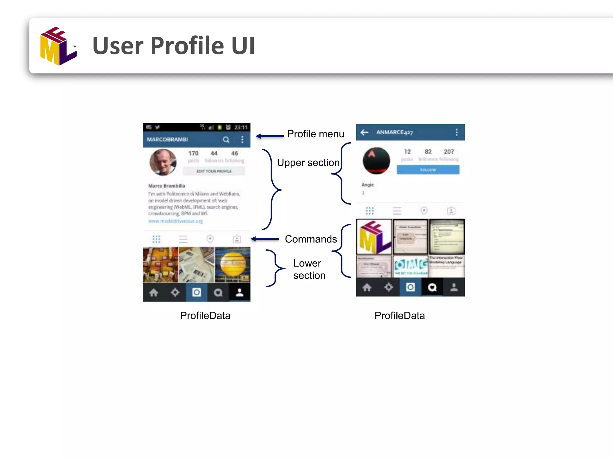 User Profile UI Upper section Lower section Commands Profile menu ProfileData ProfileData 