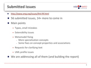 Submitted issues
http://www.omg.org/issues/ifml-ftf.html

56 submitted issues, 14+ more to come in
Main points
•

Typos, small mistakes

•

Extensibility issues

•

Metamodel fixing
– More specialization concepts
– Some fixes on concept properties and associations

•

Requests for clarifying text

•

UML profile issues

We are addressing all of them (and building the report)
5

 