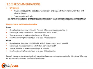3.5.2 RECOMMENDATIONS
o GX trainers
▪ Always introduce the class to new members and support them more when they first
join the classes.
▪ Express caring attitude.
X IS TOP NOTCH IN TERMS OF FACILITIES / EQUIPMENT, BUT STAFF SERVICING REQUIRES IMPROVEMENT
Fitness Centre Satisfaction Overview
Hanoi
▪ Overall satisfaction rating in Hanoi is 74, while X fitness centres scores a low 51
▪ Excluding X fitness centre mean satisfaction score would be 77.3.
▪ Thus recommend to make drastic changes at X fitness
▪ Benchmark moving forward should be at least 77% satisfaction
HCMC
▪ Overall satisfaction rating in HCMC is 81, while D fitness centres scores a low 61
▪ Excluding D fitness centre mean satisfaction score would be 84
▪ Thus recommend to make drastic changes at D fitness
▪ Benchmark moving forward should be at least 84% satisfaction
Typically Hanoians rate satisfaction levels lower than Saigonese, so to accommodate for this cultural difference
we recommend to separate satisfaction benchmarks .
 
