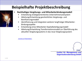 Beispielhafte Projektbeschreibung
        • Nachhaltiges Vergütungs- und Mitarbeiterbindungsmodell
           •    Entwicklung strategieorientiertes Unternehmenszielsystem
           •    Ableitung/Entwicklung ganzheitliches Vergütungs- und
                Bonifizierungsmodell
           •    Identifizierung und Integration weiterer langfristiger Mitarbeiter-
                Bindungsaspekte
           •    Entwicklung eines Mitarbeiter-Kapitalbeteiligungsmodell
           •    Ableitung/Entwicklung Transformationsmodell zur Überführung des
                aktuellen Vergütungssystems in das neue Vergütungssysstem


           -Zurück zur Präsentation-




                                                          Institut für Management- und
                                                          Organisationsberatung GmbH

>>13
 