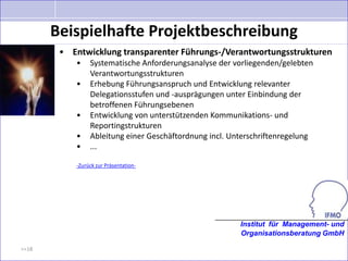 Beispielhafte Projektbeschreibung
        • Entwicklung transparenter Führungs-/Verantwortungsstrukturen
           •    Systematische Anforderungsanalyse der vorliegenden/gelebten
                Verantwortungsstrukturen
           •    Erhebung Führungsanspruch und Entwicklung relevanter
                Delegationsstufen und -ausprägungen unter Einbindung der
                betroffenen Führungsebenen
           •    Entwicklung von unterstützenden Kommunikations- und
                Reportingstrukturen
           •    Ableitung einer Geschäftordnung incl. Unterschriftenregelung
           •    ...

           -Zurück zur Präsentation-




                                                        Institut für Management- und
                                                        Organisationsberatung GmbH

>>18
 