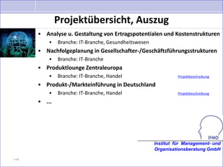 Projektübersicht, Auszug
      • Analyse u. Gestaltung von Ertragspotentialen und Kostenstrukturen
          •   Branche: IT-Branche, Gesundheitswesen
      • Nachfolgeplanung in Gesellschafter-/Geschäftsführungsstrukturen
          •   Branche: IT-Branche
      • Produktlounge Zentraleuropa
          •   Branche: IT-Branche, Handel                       Projektbeschreibung

      • Produkt-/Markteinführung in Deutschland
          •   Branche: IT-Branche, Handel                       Projektbeschreibung

      • ...




                                                      Institut für Management- und
                                                      Organisationsberatung GmbH

>>6
 