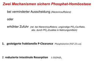 bei verminderter Ausscheidung (Niereninsuffizienz)

   oder

   erhöhter Zufuhr    (rel. bei Niereninsuffizienz, ungünstige PO4-Ca-Ratio,
                        abs. durch PO4-Zusätze in Nahrungsmitteln)




1. gesteigerte fraktionelle P-Clearance       Phosphatonine (FGF-23 u.a).




2. reduzierte intestinale Resorption      1-25(OH)D3
 