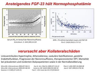 Serum PO4 im Verlauf der Niereninsuffizienz                       GFR < 75 ml/min korreliert invers mit FGF 23
                  Kestenbaum D JASN 2005;16:520                                        Prie D CJASN 2010;5:1717-22




                       verursacht aber Kollateralschäden
Linksventrikuläre Hypertrophie, Atherosklerose, vaskuläre Kalzifikationen, gestörte
Endothelfunktion, Progression der Niereninsuffizienz, therapieresistenter HPT, Mortalität
bei prävalenten und inzidenten Dialysepatienten sowie in der Normalbevölkerung
Mirza MA Atherosclerosis 2009;207:546-51     Hsu HJ Am J Med Sci 2009;337:116-22          Fliser D JASN 2007;18:2600-08
Mirza MA Atherosclerosis 2009;205:385-90     Gutierrez OM NEJM 2008;359:584-92             Jean G NDT 2009;24:2792-96
Kazama JJ KI 2005;67:1220-25;              Faul C J Clin Invest doi:10.1172/JCI46122
 