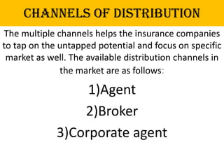 Channels Of Distribution
The multiple channels helps the insurance companies
to tap on the untapped potential and focus on specific
 market as well. The available distribution channels in
              the market are as follows:

                  1)Agent
                 2)Broker
             3)Corporate agent
 