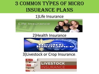 3 common types of micro
    insurance plans
         1)Life Insurance



       2)Health Insurance



  3)Livestock or Crop Insurance.
 