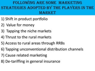 Following are some Marketing
Strategies adopted by the players in the
                       market
1) Shift in product portfolio
2) Value for money
3) Tapping the niche markets
4) Thrust to the rural markets
5) Access to rural areas through RRBs
6) Tapping unconventional distribution channels
7) Cause related marketing
8) De-tariffing in general insurance
 