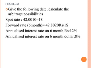 PROBLEM 
Give the following date, calculate the 
arbitrage possibilities 
Spot rate : 42.0010=1$ 
Forward rate (6month)= 42.8020Rs/1$ 
Annualised interest rate on 6 month Rs:12% 
Annualised interest rate on 6 month dollar:8% 
 