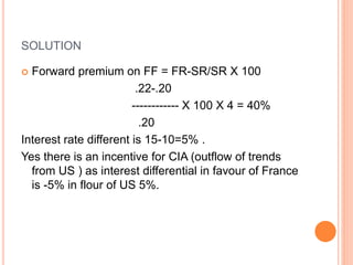 SOLUTION 
 Forward premium on FF = FR-SR/SR X 100 
.22-.20 
------------ X 100 X 4 = 40% 
.20 
Interest rate different is 15-10=5% . 
Yes there is an incentive for CIA (outflow of trends 
from US ) as interest differential in favour of France 
is -5% in flour of US 5%. 
 