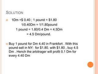 SOLUTION 
 1Dm =$ 0.40 ; 1 pound = $1.80 
1/0.40Dm = 1/1.80pound 
1 pound = 1.80/0.4 Dm = 4.5Dm 
= 4.5 Dm/pound. 
 Buy 1 pound for Dm 4.40 in Frankfort . With this 
pound sell in NY: for $1.80. with $1.80 , buy 4.5 
Dm . Hench the arbitrager will profit 0.1 Dm for 
every 4.40 Dm 
 