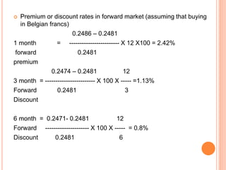  Premium or discount rates in forward market (assuming that buying 
in Belgian francs) 
0.2486 – 0.2481 
1 month = ------------------------ X 12 X100 = 2.42% 
forward 0.2481 
premium 
0.2474 – 0.2481 12 
3 month = ------------------------ X 100 X ----- =1.13% 
Forward 0.2481 3 
Discount 
6 month = 0.2471- 0.2481 12 
Forward --------------------- X 100 X ----- = 0.8% 
Discount 0.2481 6 
 