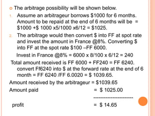  The arbitrage possibility will be shown below. 
1. Assume an arbitrageur borrows $1000 for 6 months. 
Amount to be repaid at the end of 6 months will be = 
$1000 +$ 1000 x5/1000 x6/12 = $1025. 
2. The arbitrage would then convert $ into FF at spot rate 
and invest the amount in France @8%. Converting $ 
into FF at the spot rate $100 –FF 6000. 
Invest in France @8% = 6000 x 8/100 x 6/12 = 240 
Total amount received is FF 6000 + FF240 = FF 6240. 
convert Ff6240 into $ at the forward rate at the end of 6 
month = FF 6240 /FF 6.0020 = $ 1039.65. 
Amount received by the arbitrageur = $1039.65 
Amount paid = $ 1025.00 
----------------------- 
profit = $ 14.65 
 