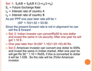 Sol :1: S1A/B = S0A/B X (1+rA/1+rB) 
S1 = Future Exchange Rate 
rA = Interest rate of country A 
rB = Interest rate of country B 
As per PPP one year later rate will be = 
(50* 1.10)/1.02 = 53.92. 
Since the present forward rate is not in alignment he can 
sell the $ forward 
 Sol: 2: Indian investor can convertRs50 to one dollar 
and invest the same in Us security. After one year he will 
get 1.10 $ . 
 One year later the= $=(50* 1.10)/1.03 =53.40 Rs. 
 Sol:3: American investor can convert one dollar to 50Rs 
and invest the same in Indian market. After one year he 
will get Rs 50 * 1.10 = Rs55, if this is converted to dollar 
it will be 1.03$ . So the rate will be 3%for American 
investor. 
 