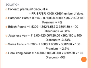 SOLUTION 
 Forward premium/ discount = 
= FR-SR/SR X100 X360/number of days. 
 European Euro = 0.8160- 0.8000/0.8000 X 360/180X100 
Premium = 4% 
 British Pound =1.5300-1.562/1.562 X 360/180 x 100 
Discount = -4.08% 
 Japanese yen = 118.00-120.00/120.00 x360/180 x 100 
Discount = -3.33%. 
 Swiss franc = 1.6200- 1.6000/1.6000 x 360/180 x 100 
Premium = 2.5% 
 Honk kong dollar = 7.8000-8.000/8.000 x 360/180 x 100 
Discount= -5% 
 