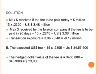 SOLUTION 
 Mex $ received if the fee to be paid today = $ million 
15 x .2320 = US $ 3.48 million 
 Mex $ received by the foreign company if the fee is to be 
paid in 90 days = 15 x .2240 = US $ 3.36 million 
 Transaction exposure = 3.36 - 3.48 = -0.12 million 
B. The expected US$ fee = 15 x .2305 = Us $ 34,57,500 
 The hedged dollar value of the fee is = 3480,000 – 
3457000 = $ 23,000. 
 