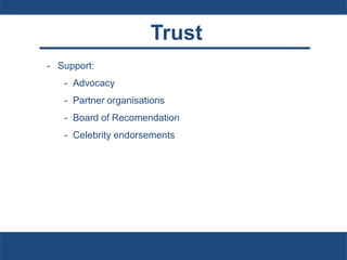 Trust
- Support:
- Advocacy
- Partner organisations
- Board of Recomendation
- Celebrity endorsements
 