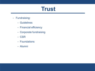 Trust
- Fundraising:
- Guidelines
- Financial efficiency
- Corporate fundraising
- CSR
- Foundations
- Alumni
 