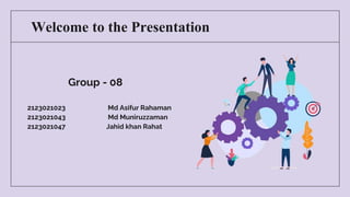 Welcome to the Presentation
Group - 08
2123021023 Md Asifur Rahaman
2123021043 Md Muniruzzaman
2123021047 Jahid khan Rahat
 