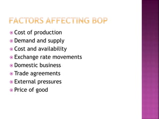  Cost of production
 Demand and supply
 Cost and availability
 Exchange rate movements
 Domestic business
 Trade agreements
 External pressures
 Price of good
 